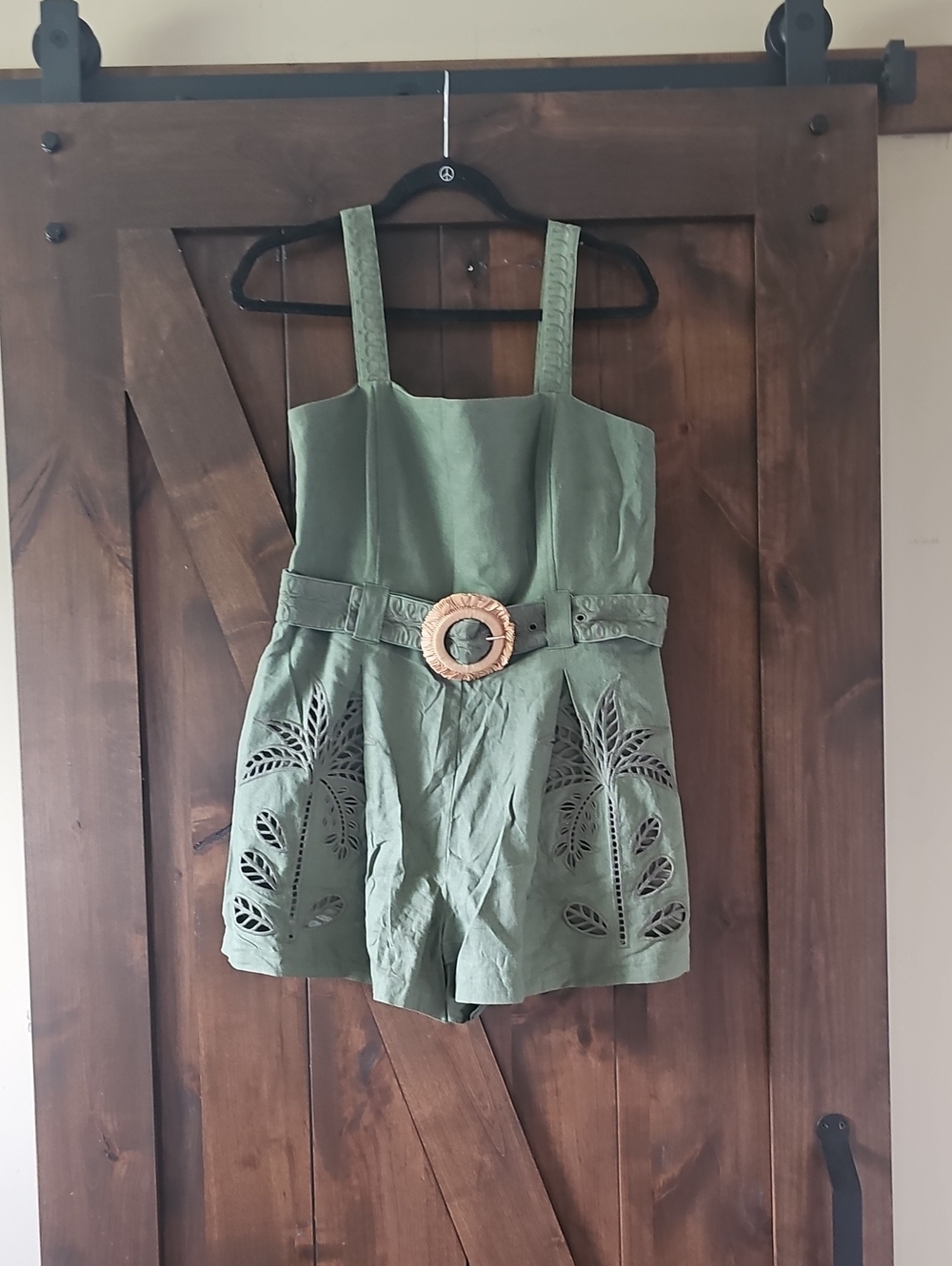 Green Eyelet Cutout Romper with Wood Buckle Belt
